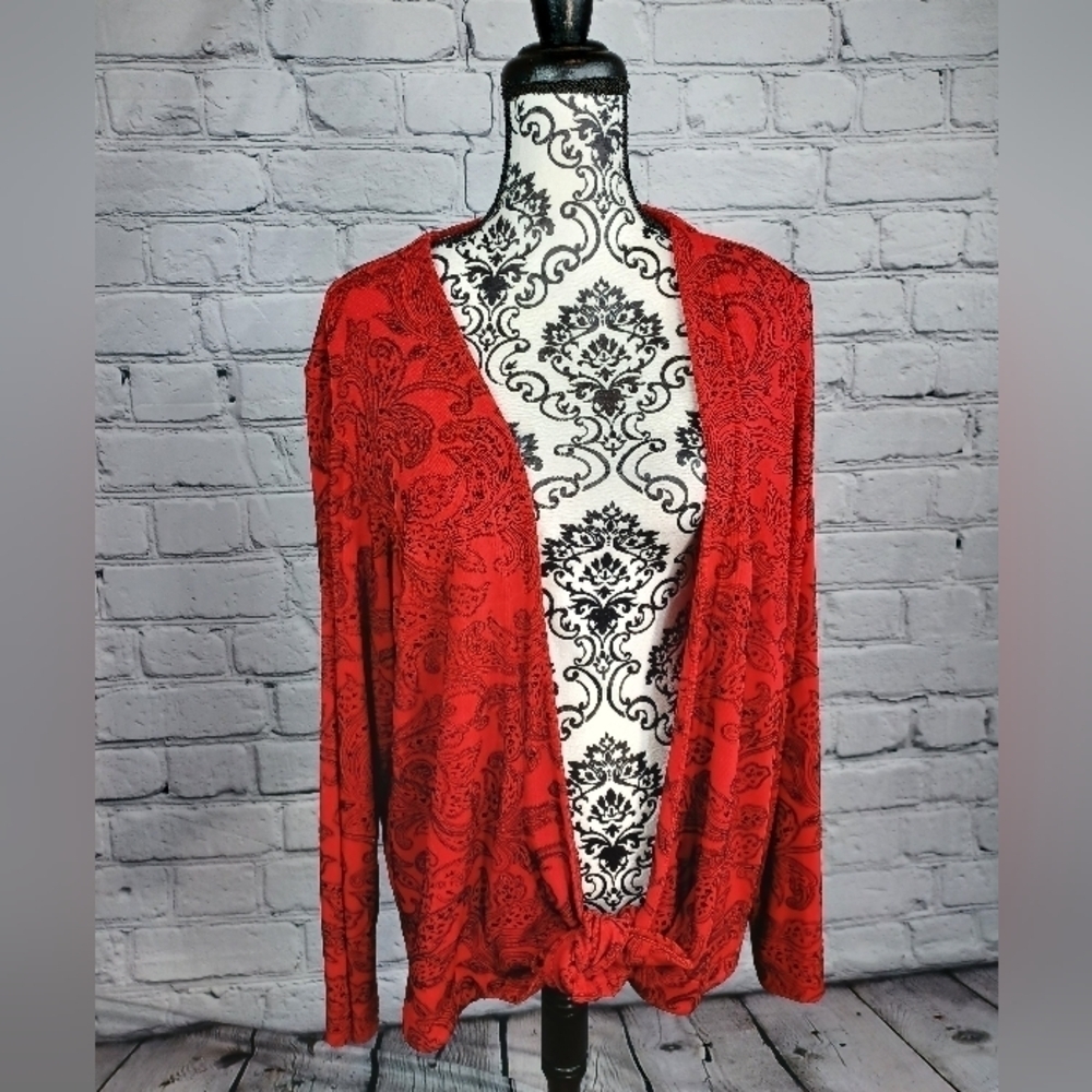 Chico's women's long sleeve knit paisley print tie front cardigan size 3 b11